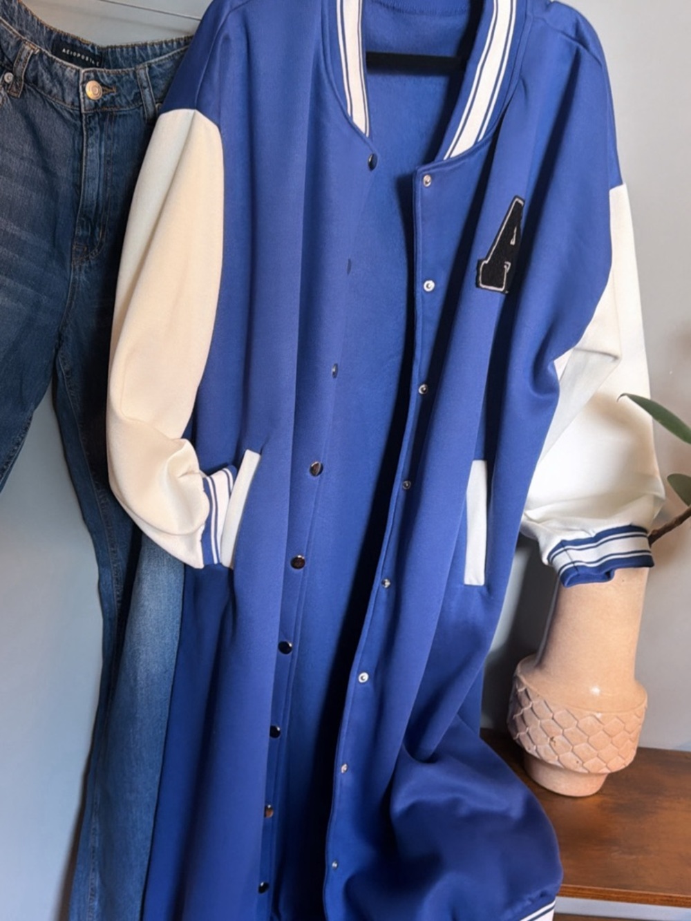 Rare Oversized Varsity Duster Coat | Longline Letterman Jacket | Blue & White |